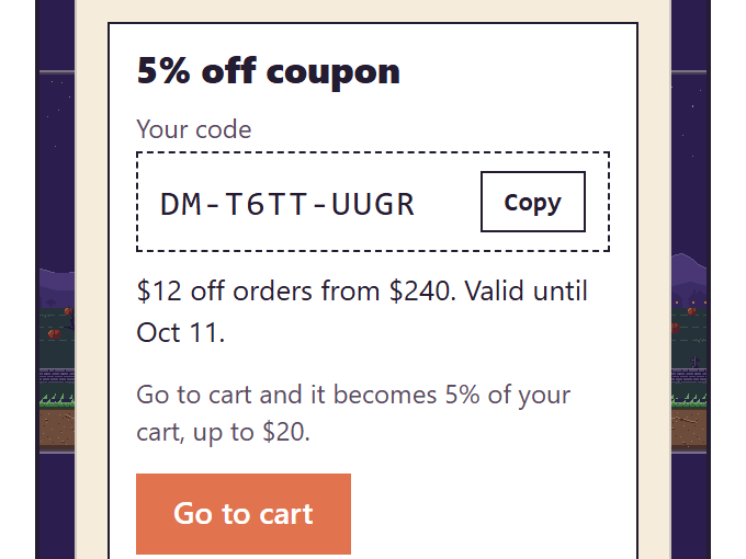 The game’s wallet: the redeemed 5% off coupon with its code, the Copy button and the Go to cart button