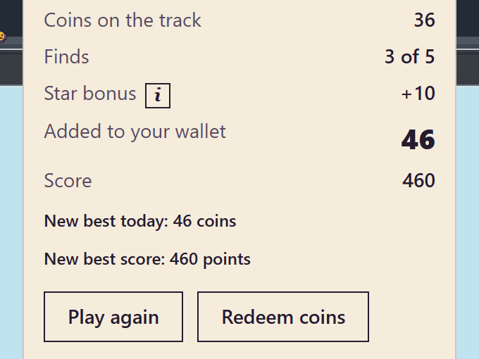 The finish panel after a run: the coins on the track, the star bonus, the coins added to the wallet, the score and the day’s best