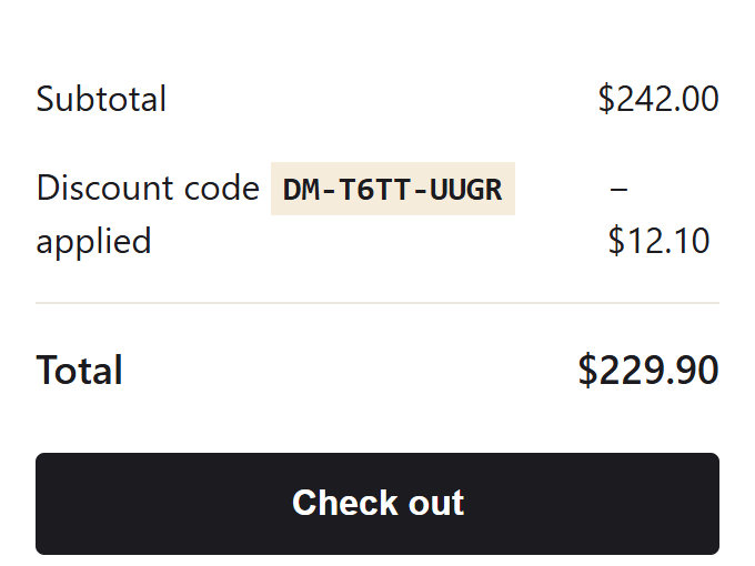 A store’s cart with the Perkcade code applied and the discount taken off the total