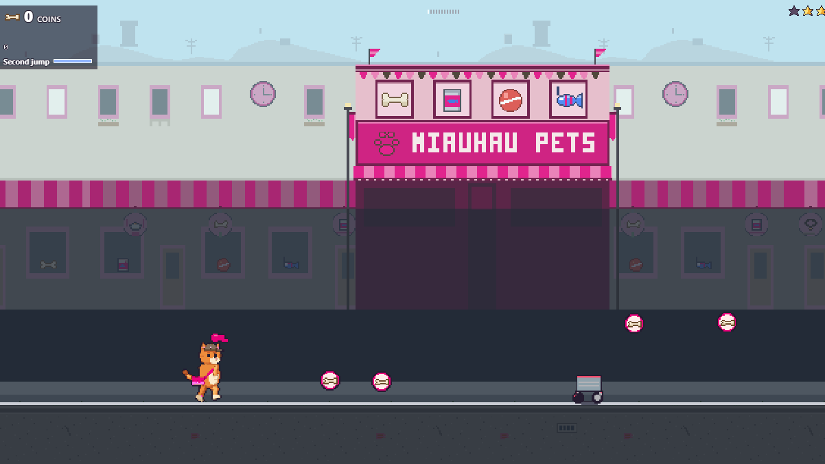 The same street in the sample pet store Miauhau: a shop front with the MIAUHAU PETS sign and a paw logo, a treat bone, a tin of cat food, a ball and a toy fish in the windows, pink awnings and window frames, bones on the track instead of coins, the cat in a cap in the brand’s colour